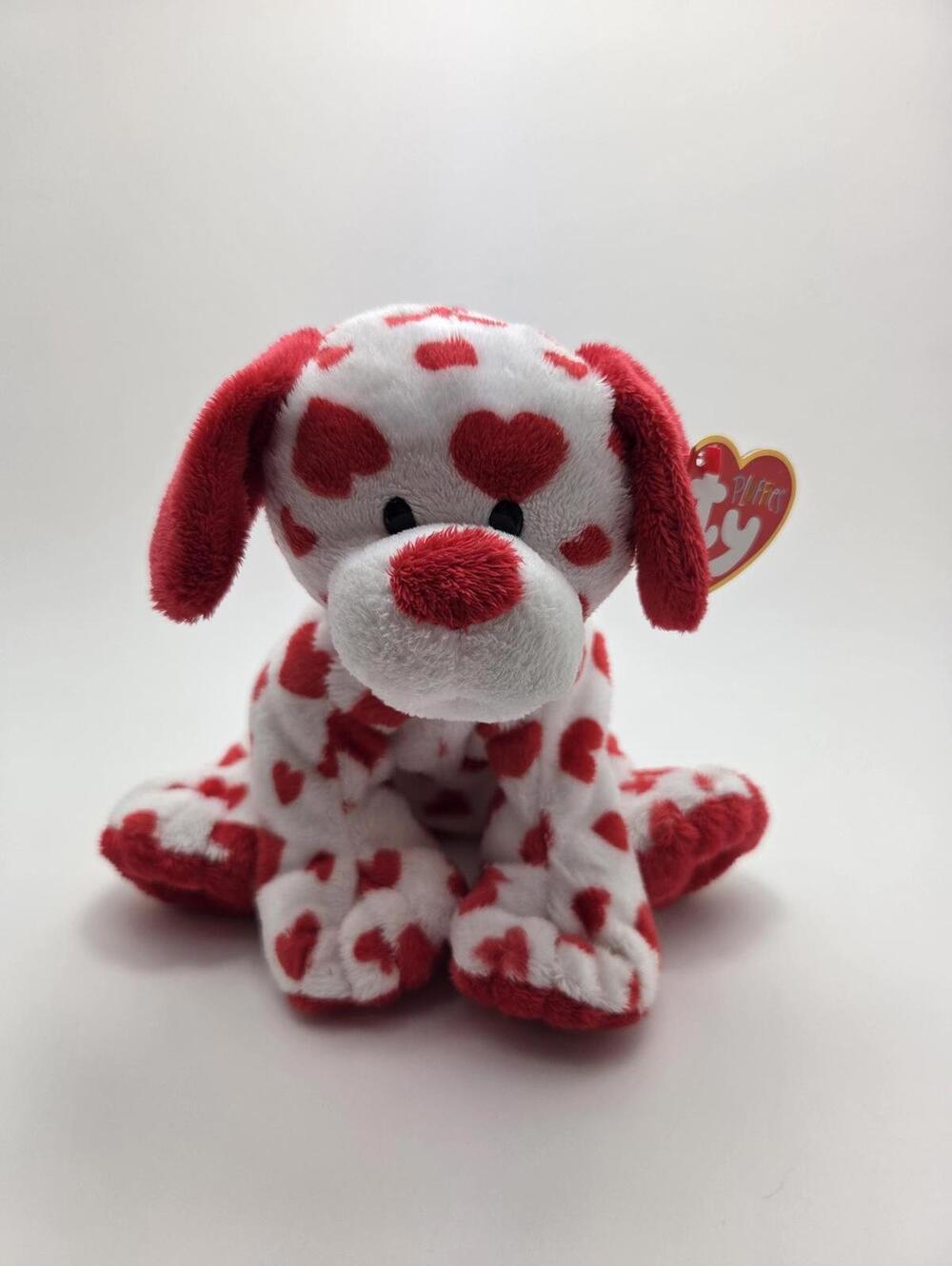Ty Pluffies Collection “Harts” the Red and White Dog Covered in Hearts (10 inch)